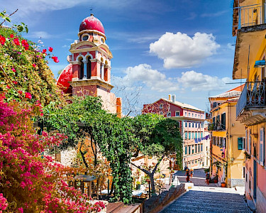 Old Town Kerkyra Corfu gekleurde gebouwen