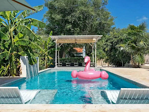 Boutique Fuik Curaçao zwembad met opblaas flamingo