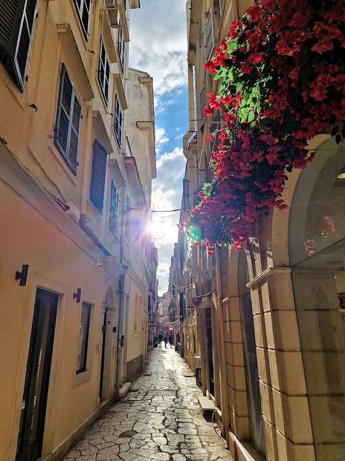 Corfu-Stad straatje met bloemen en zon