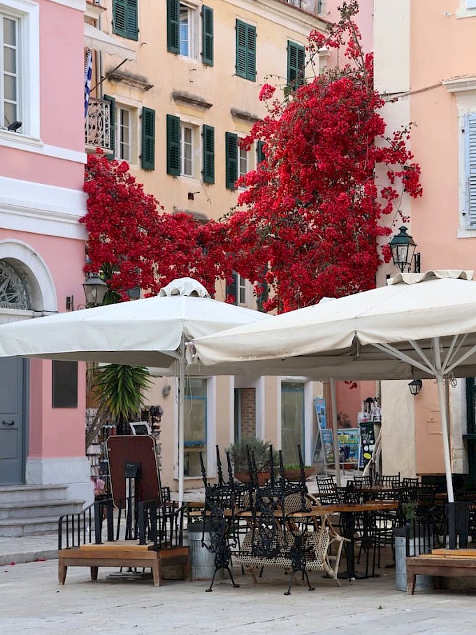 Corfu-Stad terras met rode bloemen erboven en gekleurde gebouwen