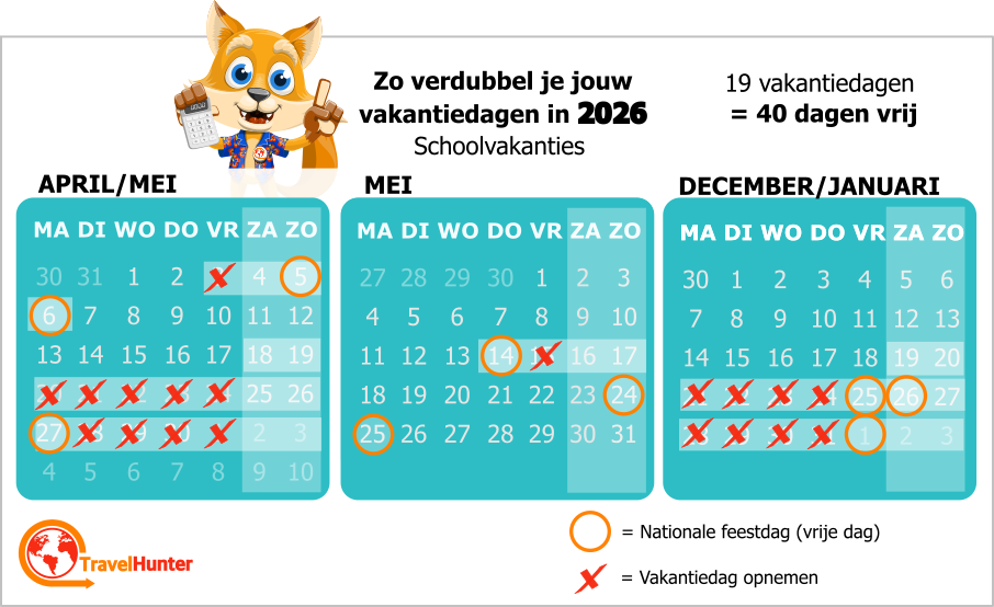 TravelHunter vakantiedagen 2026 rekening houdend met schoolvakanties